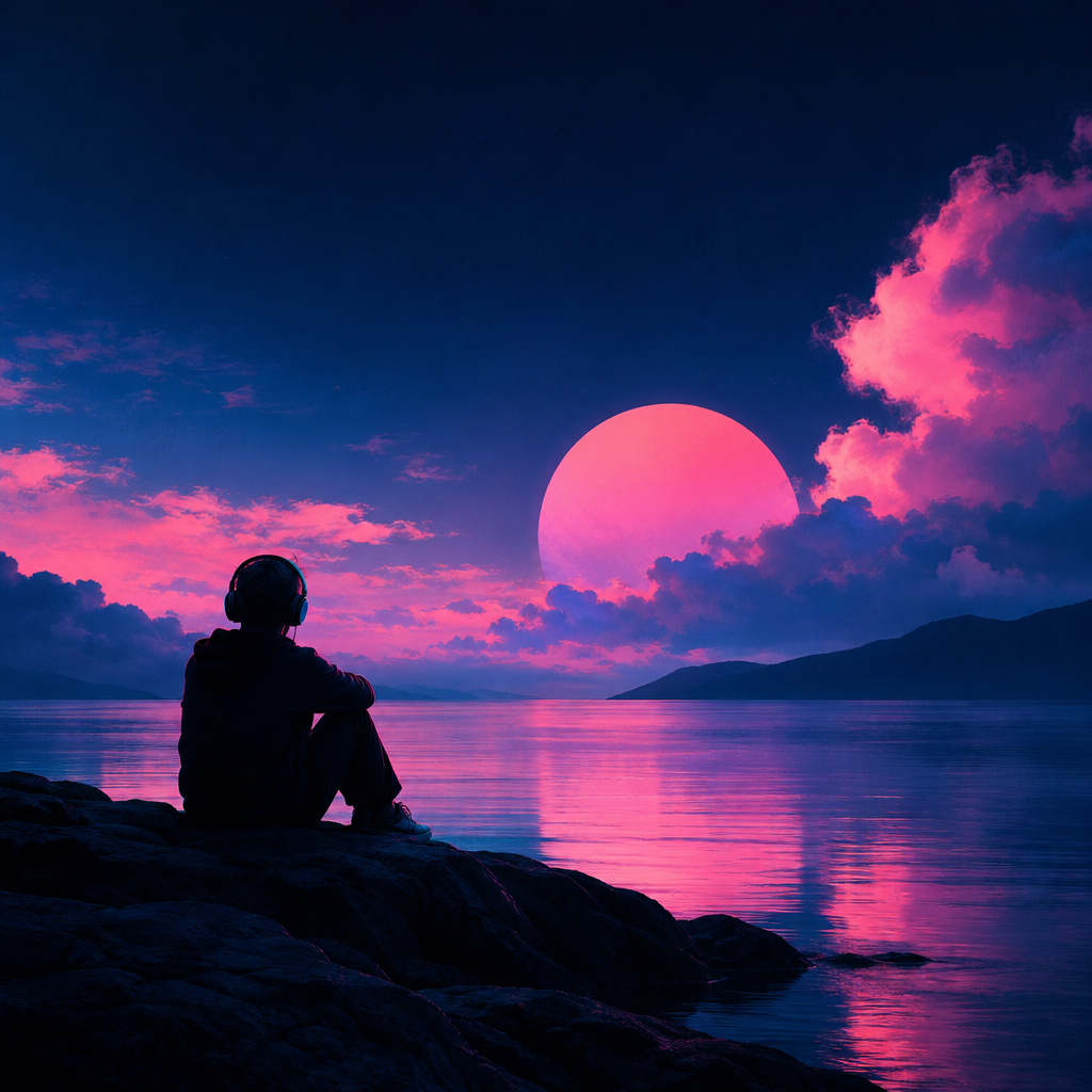 Chill electronic cover artwork with deep navy and pink cloud gradients, creating a relaxing evening atmosphere