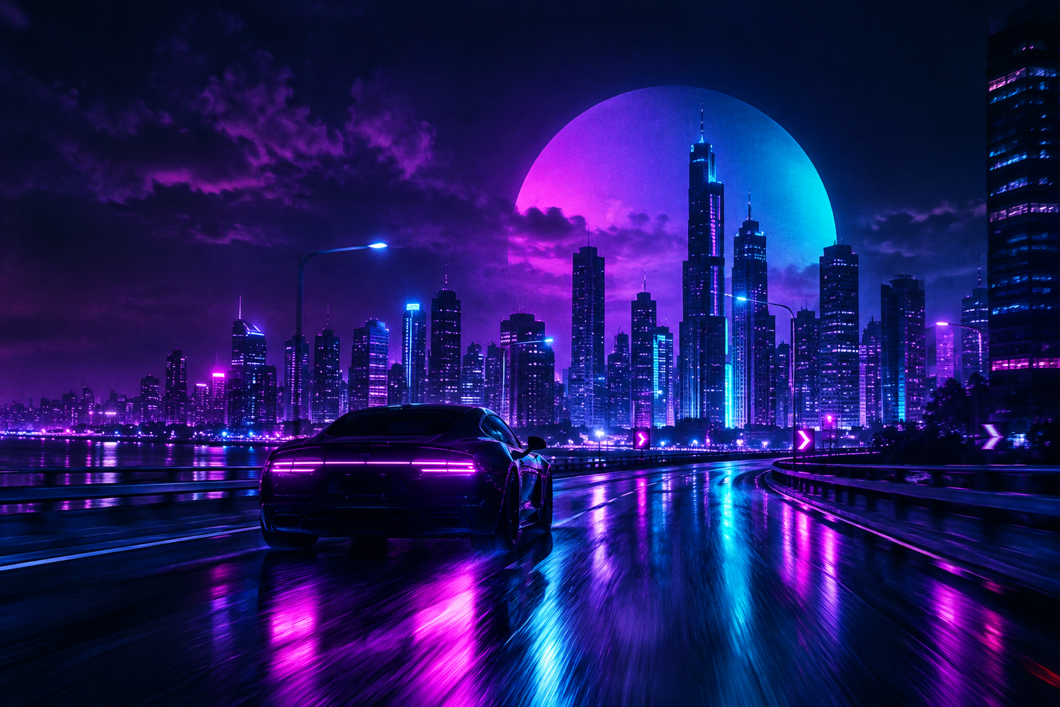Album cover artwork with neon purple and cyan lights, evoking an electronic night-drive through the city