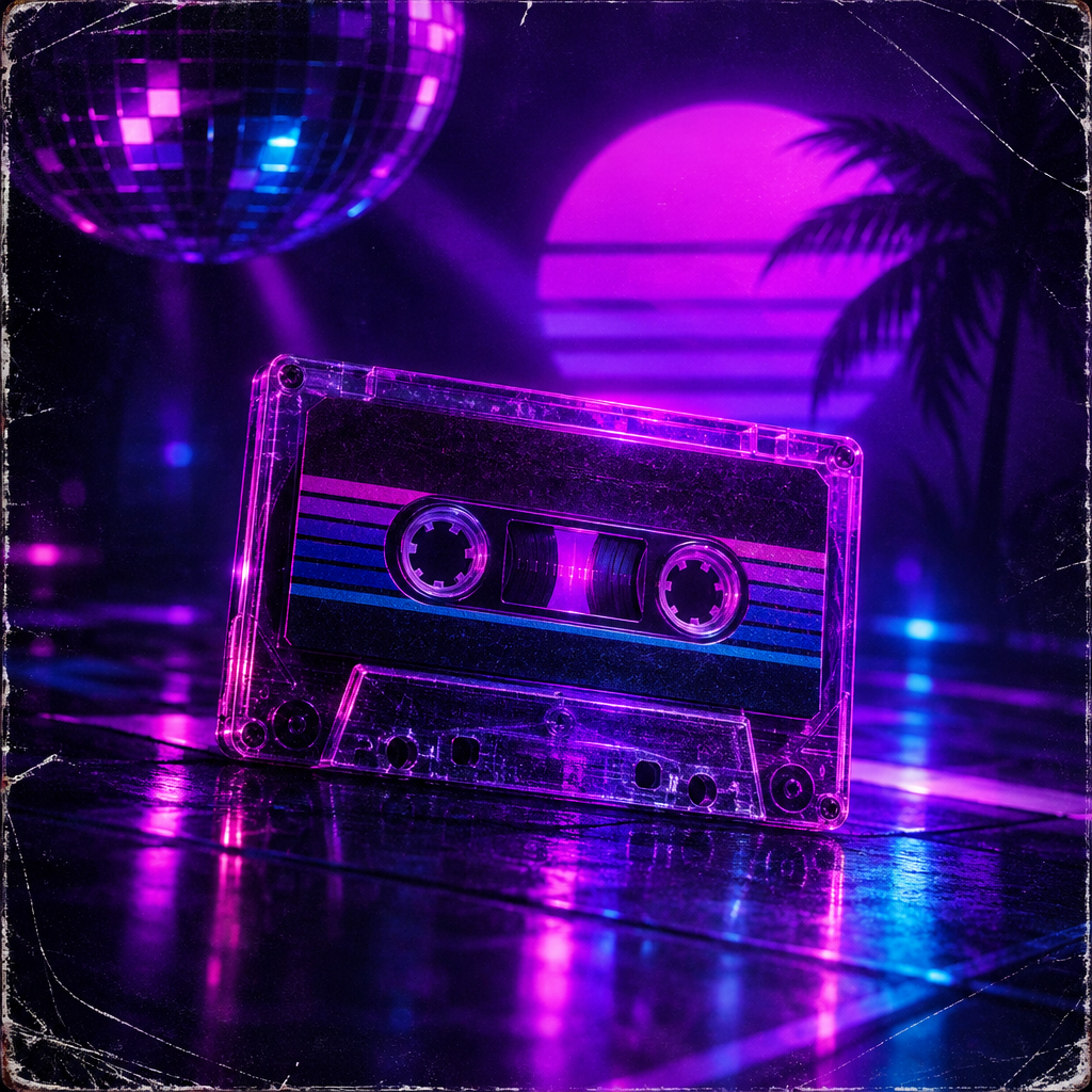 Retro synth-pop cover artwork with cassette texture, purple neon glow, and a nostalgic dance-floor vibe