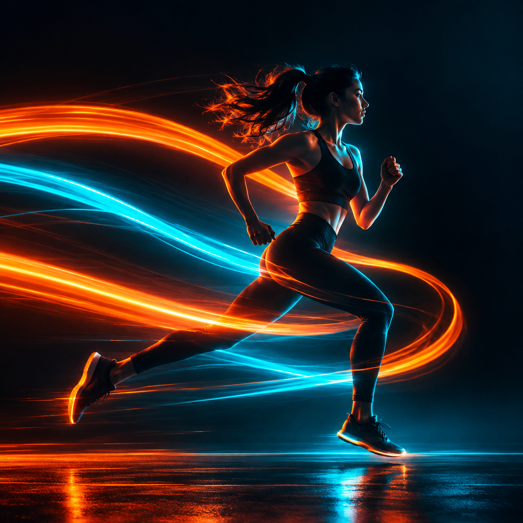 Pop cover artwork with vivid orange and cyan light trails, suggesting the rhythm of an energetic run