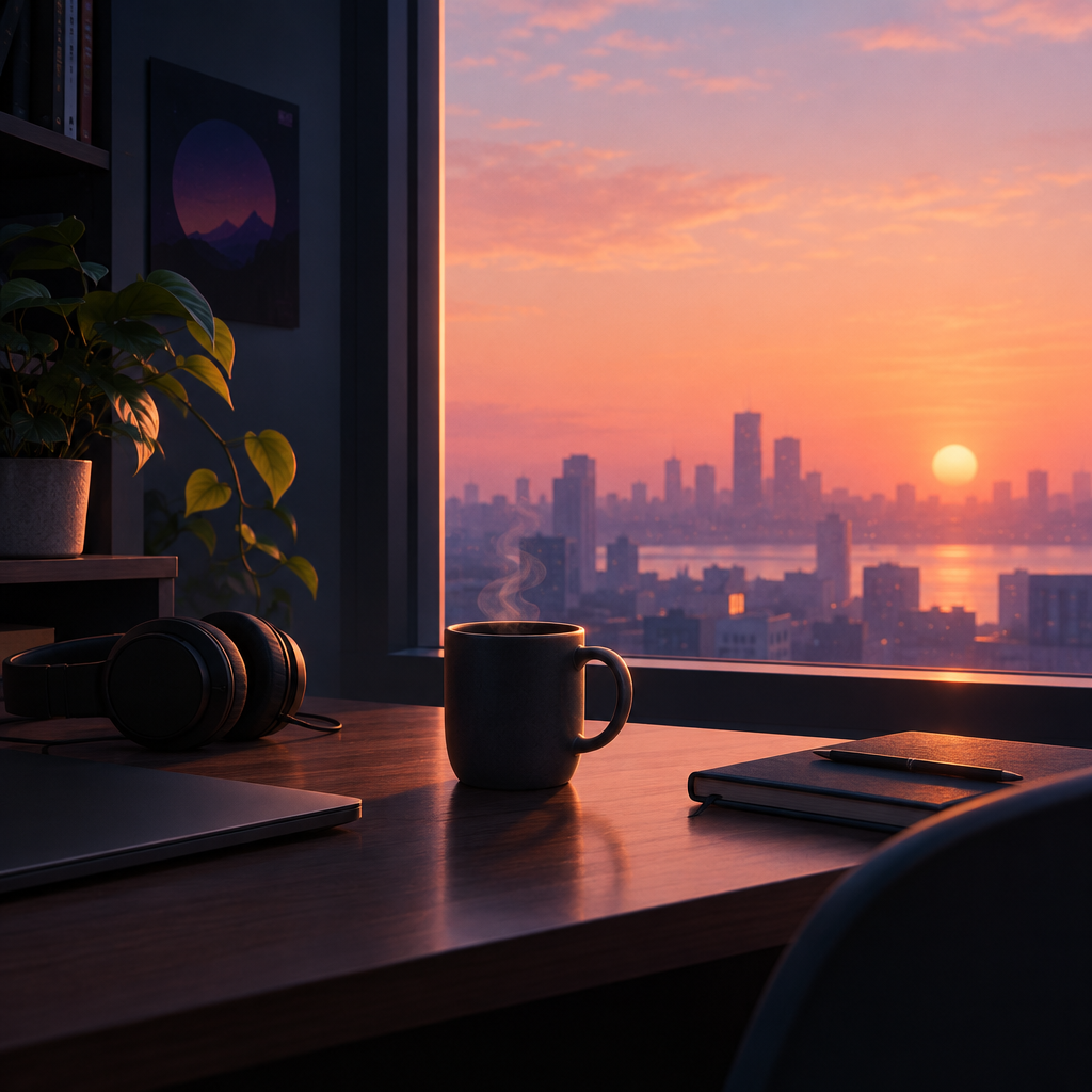 Lo-fi cover artwork with soft sunrise tones, a minimal desktop scene, and a coffee mug for a focused mood
