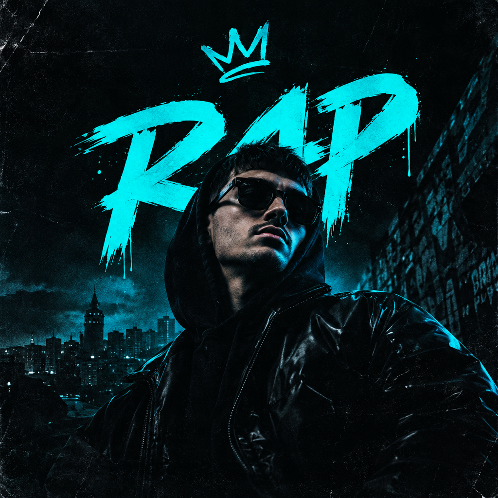 Modern Turkish rap cover artwork with bright typography over a dark background and subtle street-texture details