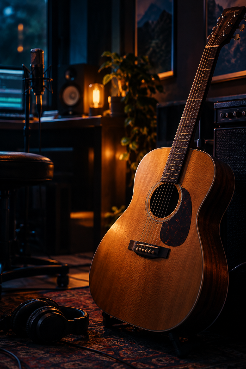 Ahşap stüdyo ortamında sıcak tonlu akustik gitar yakın planı