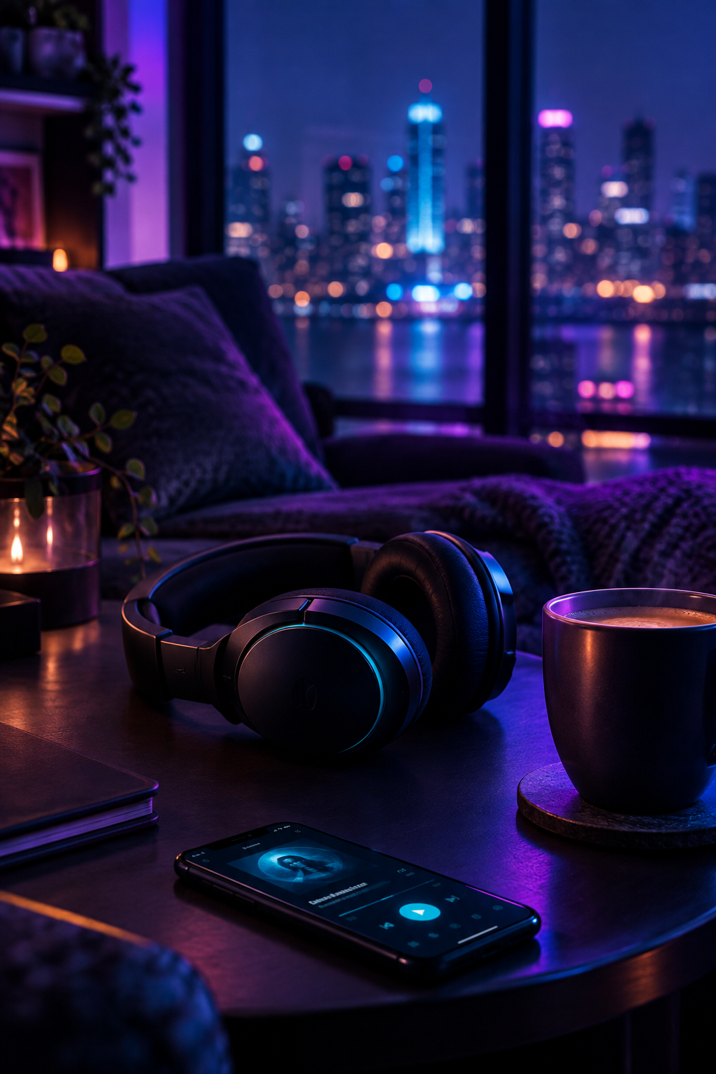 Mor ve mavi ışıklarla sakin lounge ortamında kulaklık ve kahve