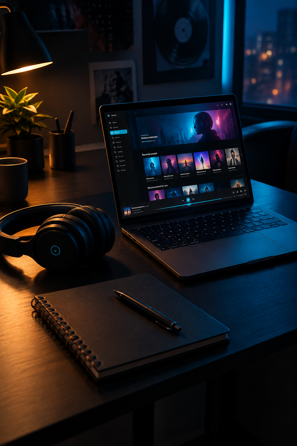 Minimal masa düzeninde laptop, not defteri ve düşük ışıklı çalışma atmosferi