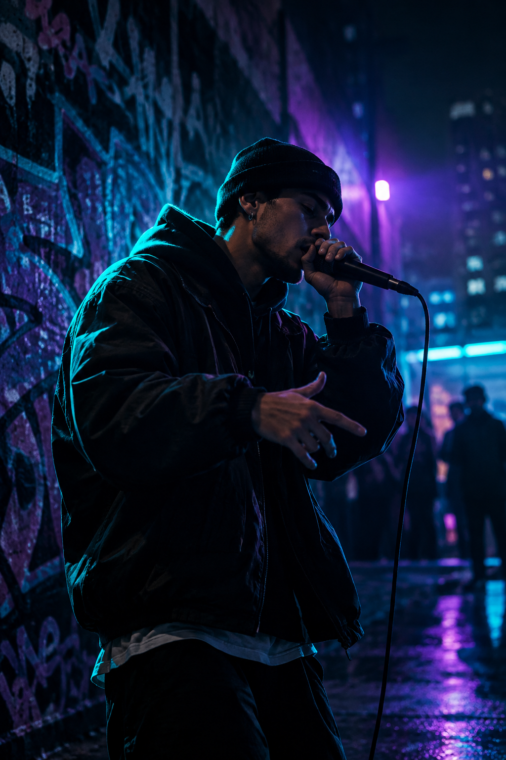 Gece şehir fonunda mikrofona uzanan hip-hop performans sahnesi