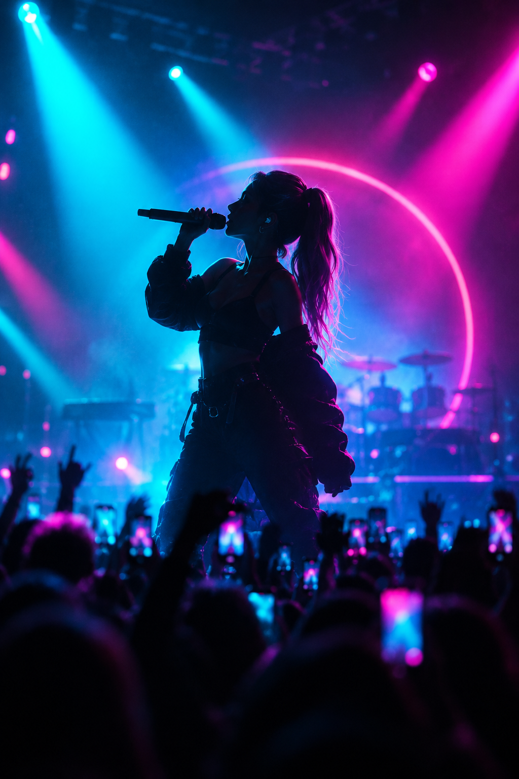 Neon ışıklarla aydınlatılmış modern pop konser sahnesi