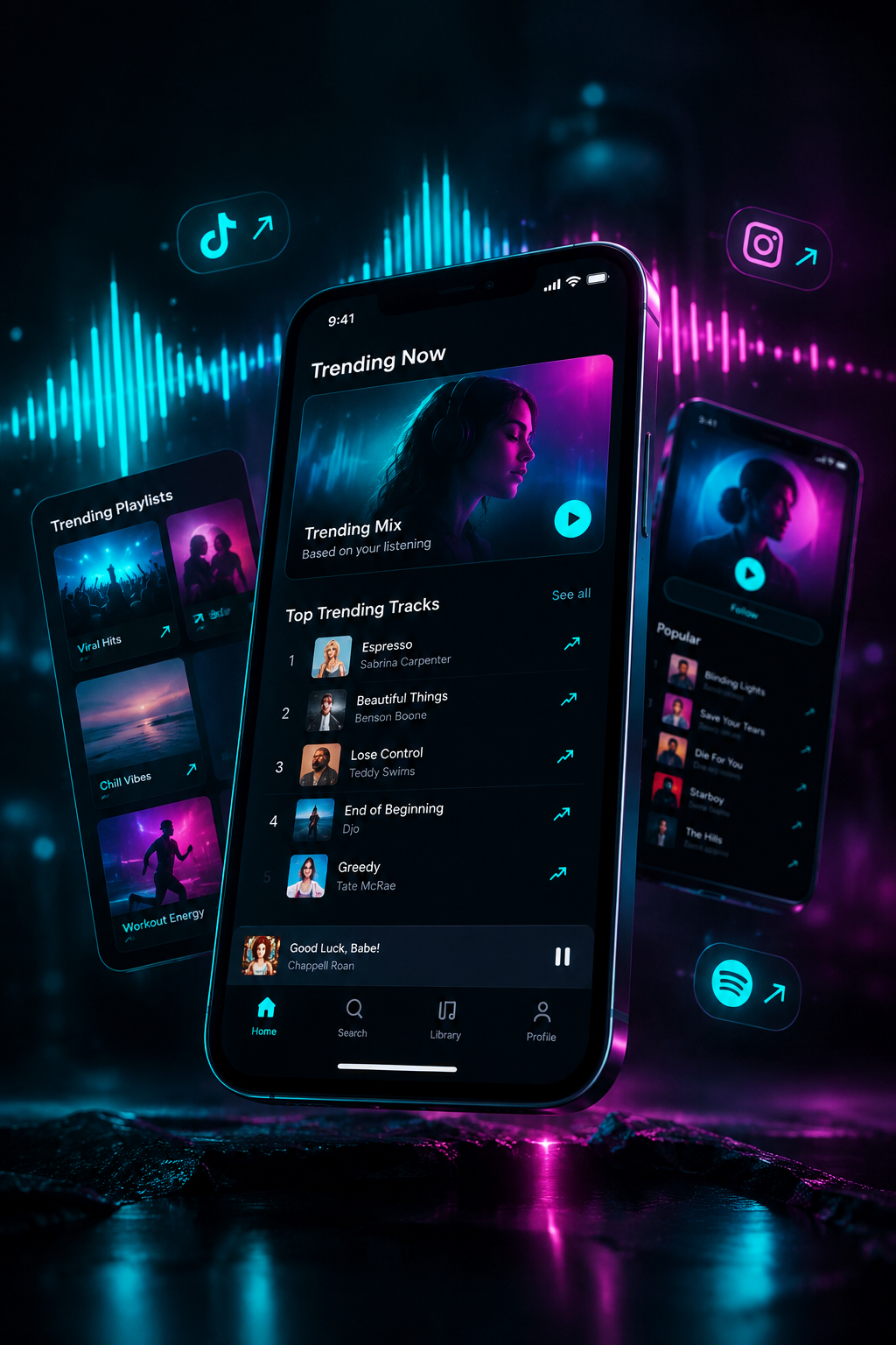 Telefon ekranlarında yükselen trend grafikleri ve müzik dalga formları