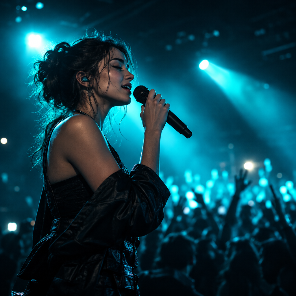 Neon cyan ışıklarla sahnede mikrofon tutan genç kadın vokalist, arka planda kalabalık konser atmosferi