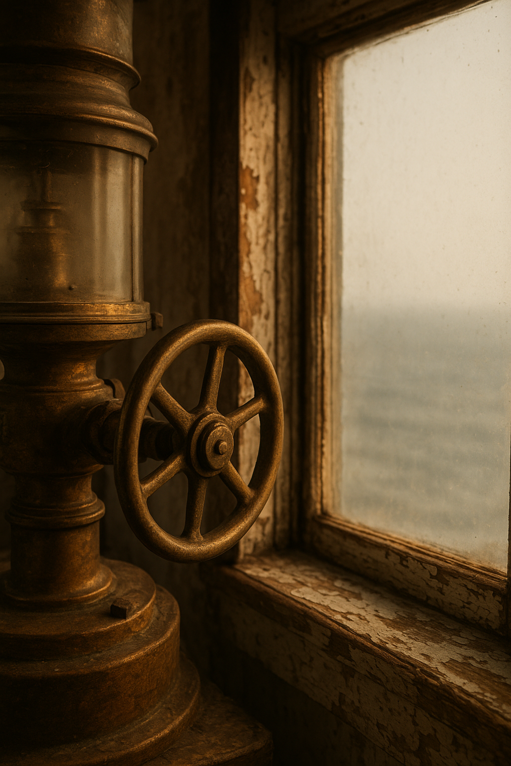 Archival lighthouse interior detail showing a brass lantern mechanism beside a salt-worn window in warm documentary light