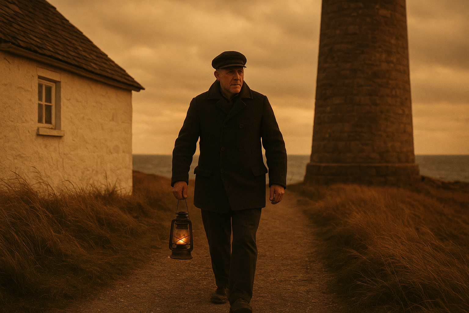 A lighthouse keeper in a wool coat walking a windy gravel path between the tower and keeper house at dusk, photographed in warm documentary film style