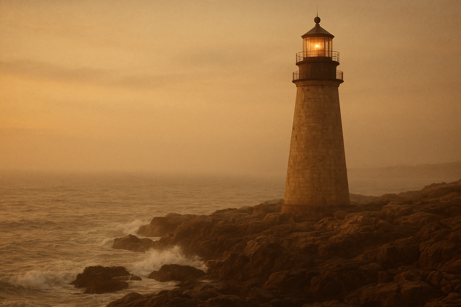 Weathered stone lighthouse on a rugged northern coastline at golden dusk, with sea haze, textured rocks, and a softly glowing lantern in warm archival film style