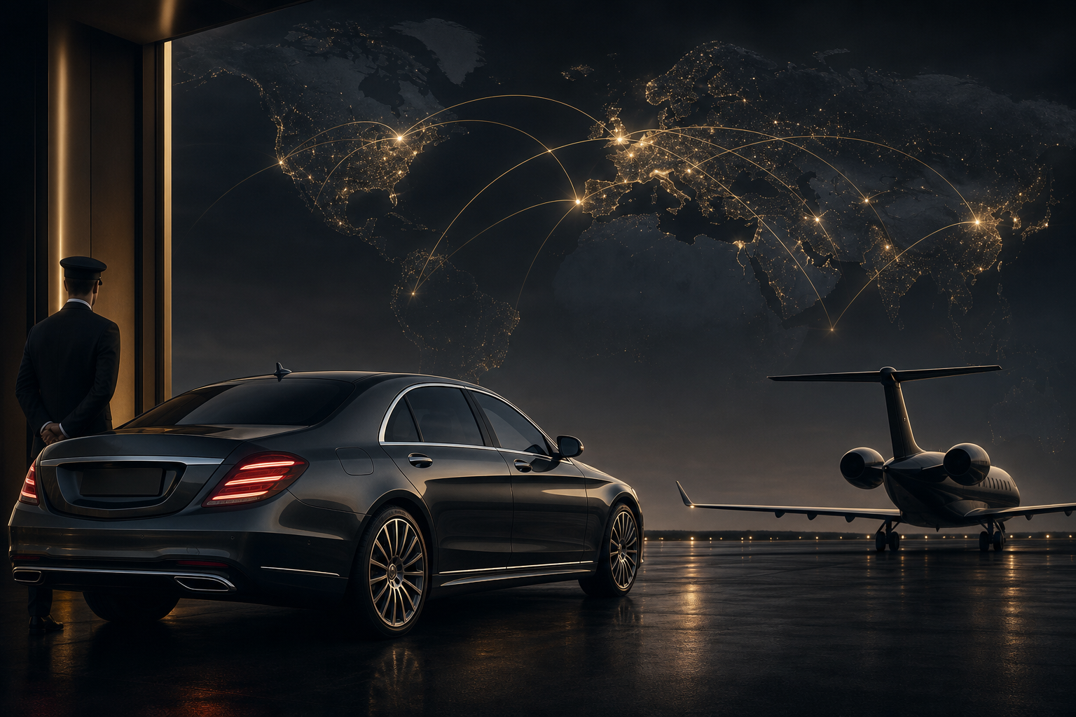 Elegant abstract composition of a chauffeur-driven executive vehicle, a discreet cargo aircraft silhouette, and refined global route lines in a dark luxurious setting