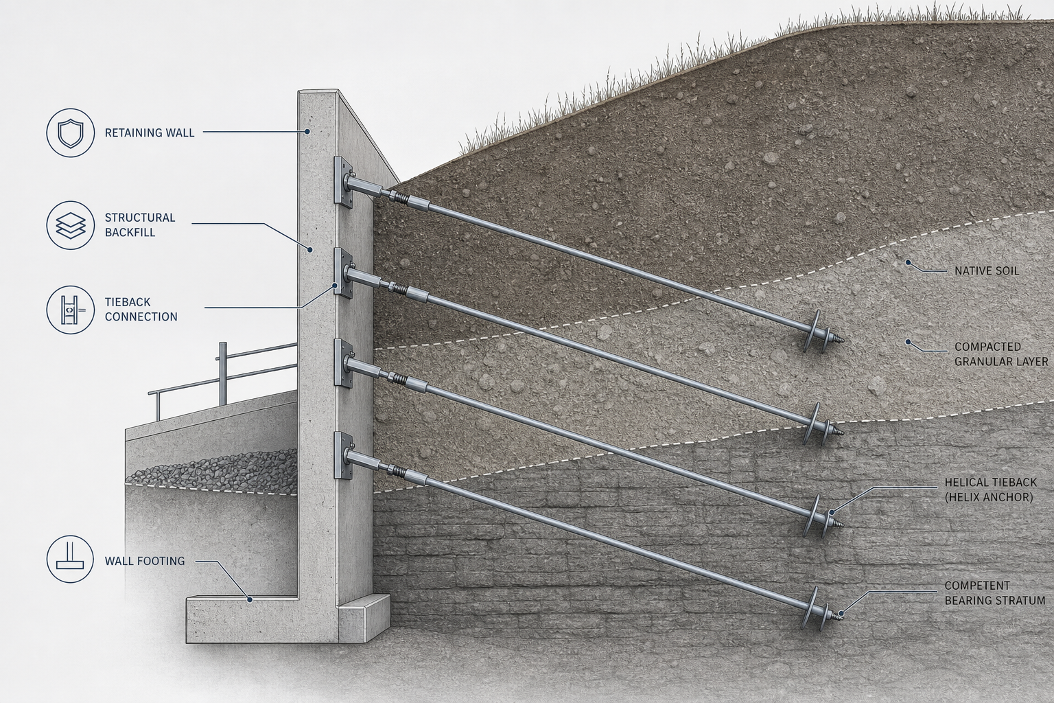 Technical illustration of a retaining wall supporting an embankment with helical tiebacks anchored into soil layers