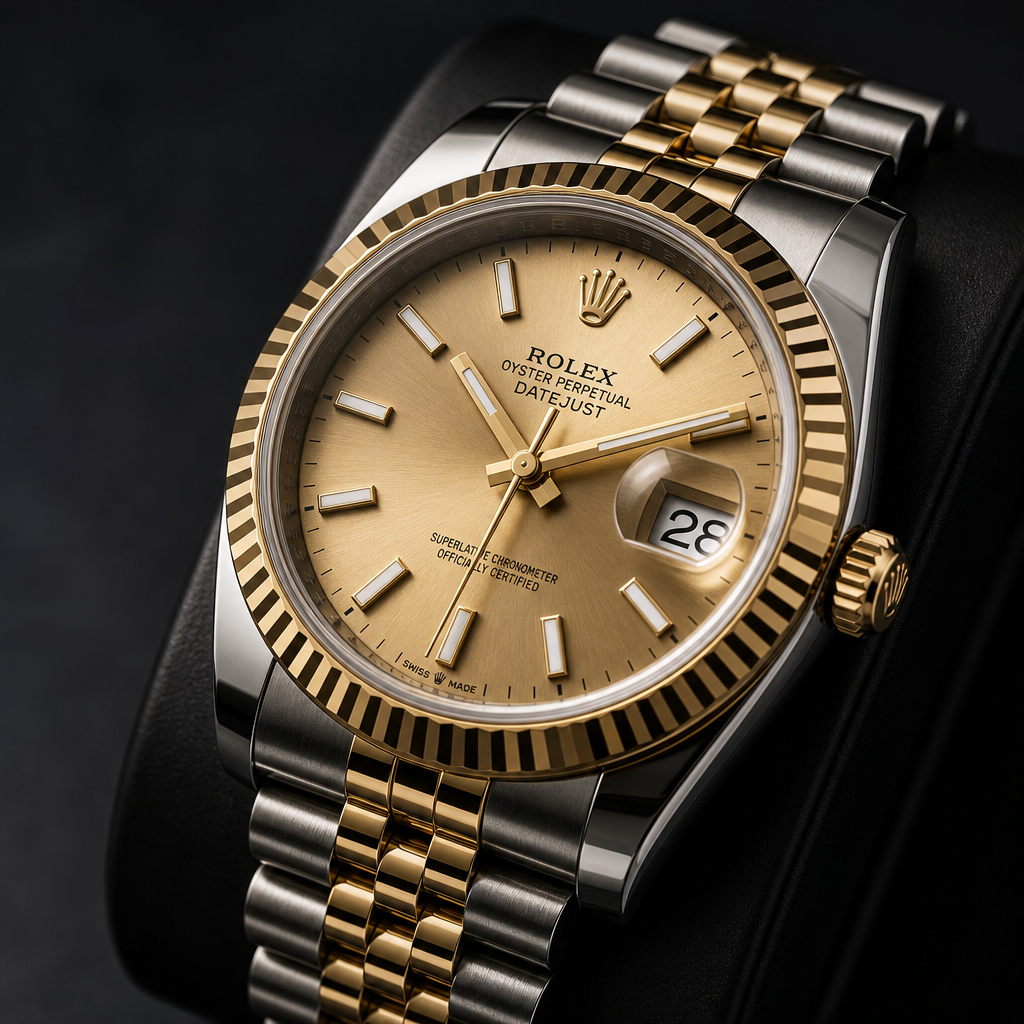 Two-tone Rolex Datejust with fluted bezel and jubilee bracelet on a premium dark studio background