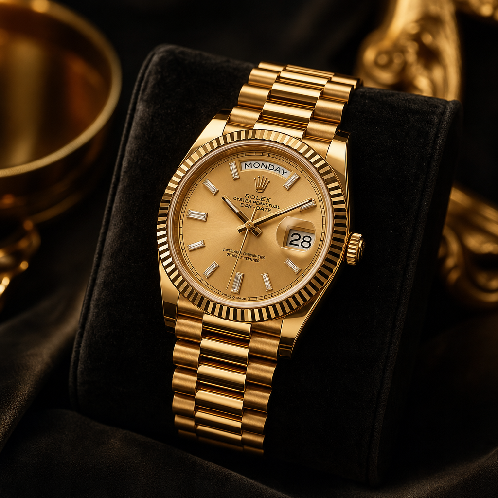 Rolex Day-Date in precious metal with fluted bezel and president bracelet on a premium dark studio background