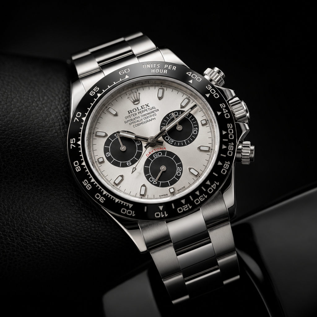 Rolex Cosmograph Daytona chronograph with ceramic bezel on a premium dark studio background