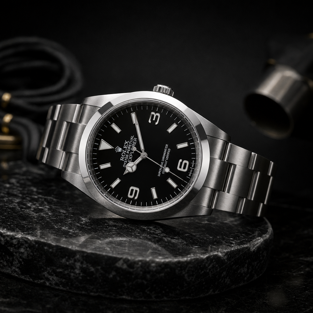 Rolex Explorer in brushed steel with black dial and arabic 3-6-9 layout on a premium dark studio background