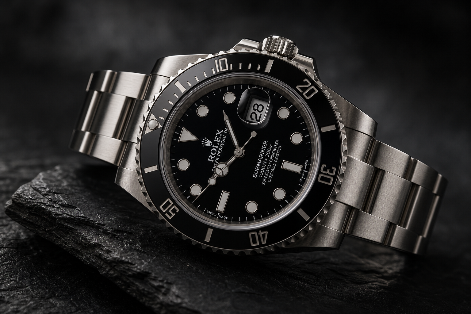 Stainless steel Rolex Submariner with black dial and rotating bezel photographed on dark textured surface