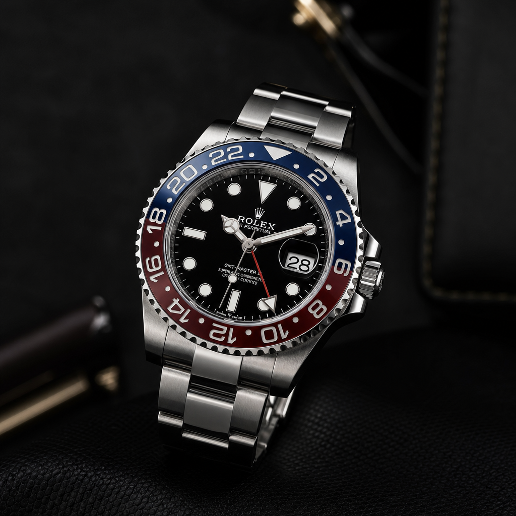 Rolex GMT-Master II with bi-color bezel and oyster bracelet on a premium dark studio background