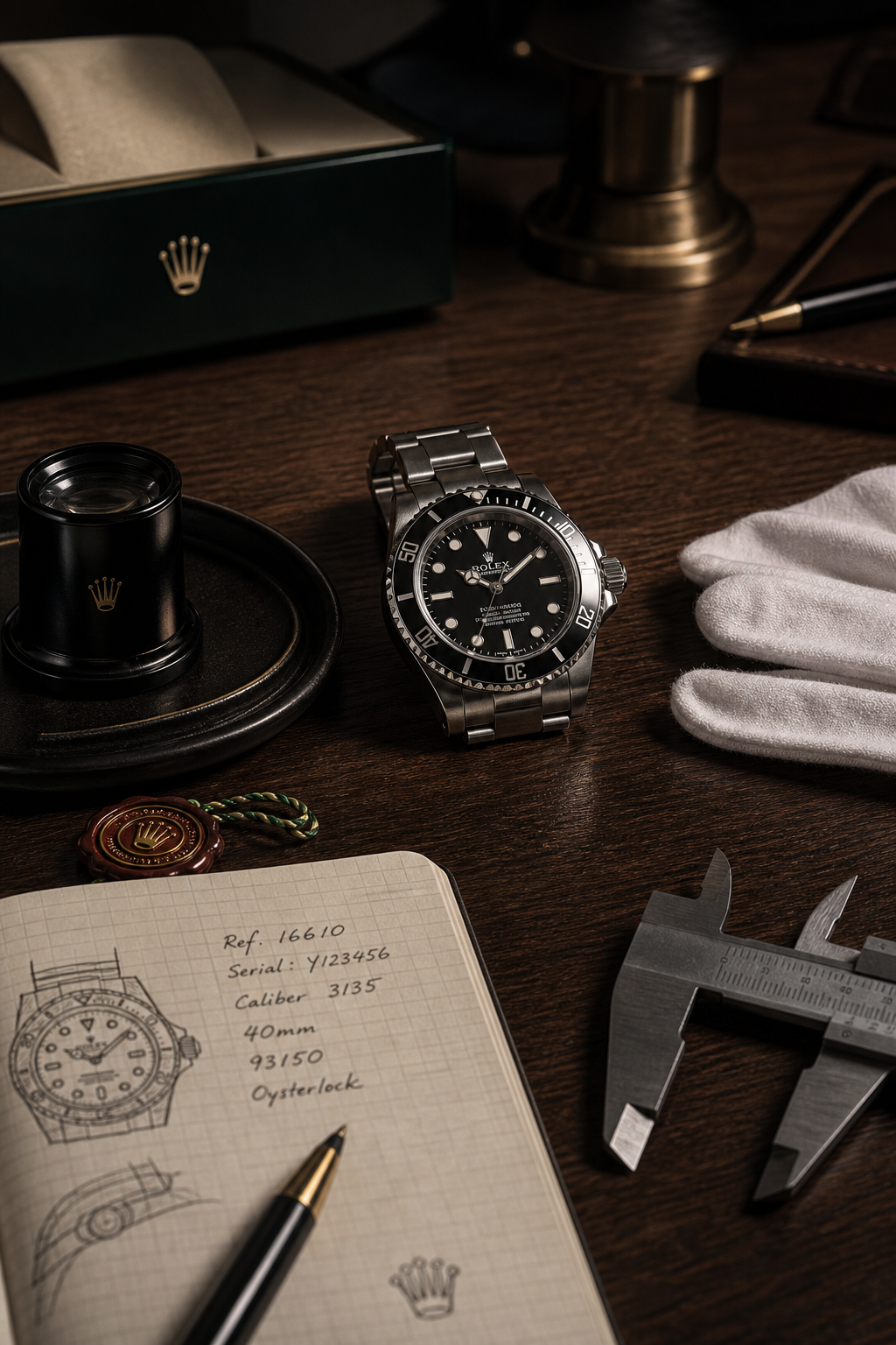 Refined watch authentication desk with a Rolex timepiece, loupe, appraisal notes, and warm atelier lighting