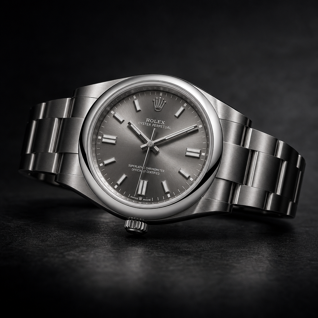 Stainless steel Rolex Oyster Perpetual with smooth bezel on a premium dark studio background