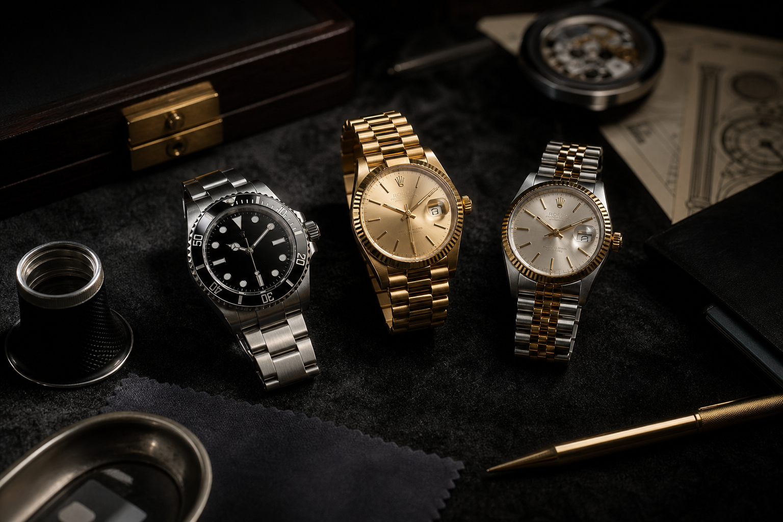 Dark luxury appraisal setting with multiple Rolex watches arranged on a velvet surface, loupe and appraisal papers nearby, dramatic directional lighting, premium noir atmosphere