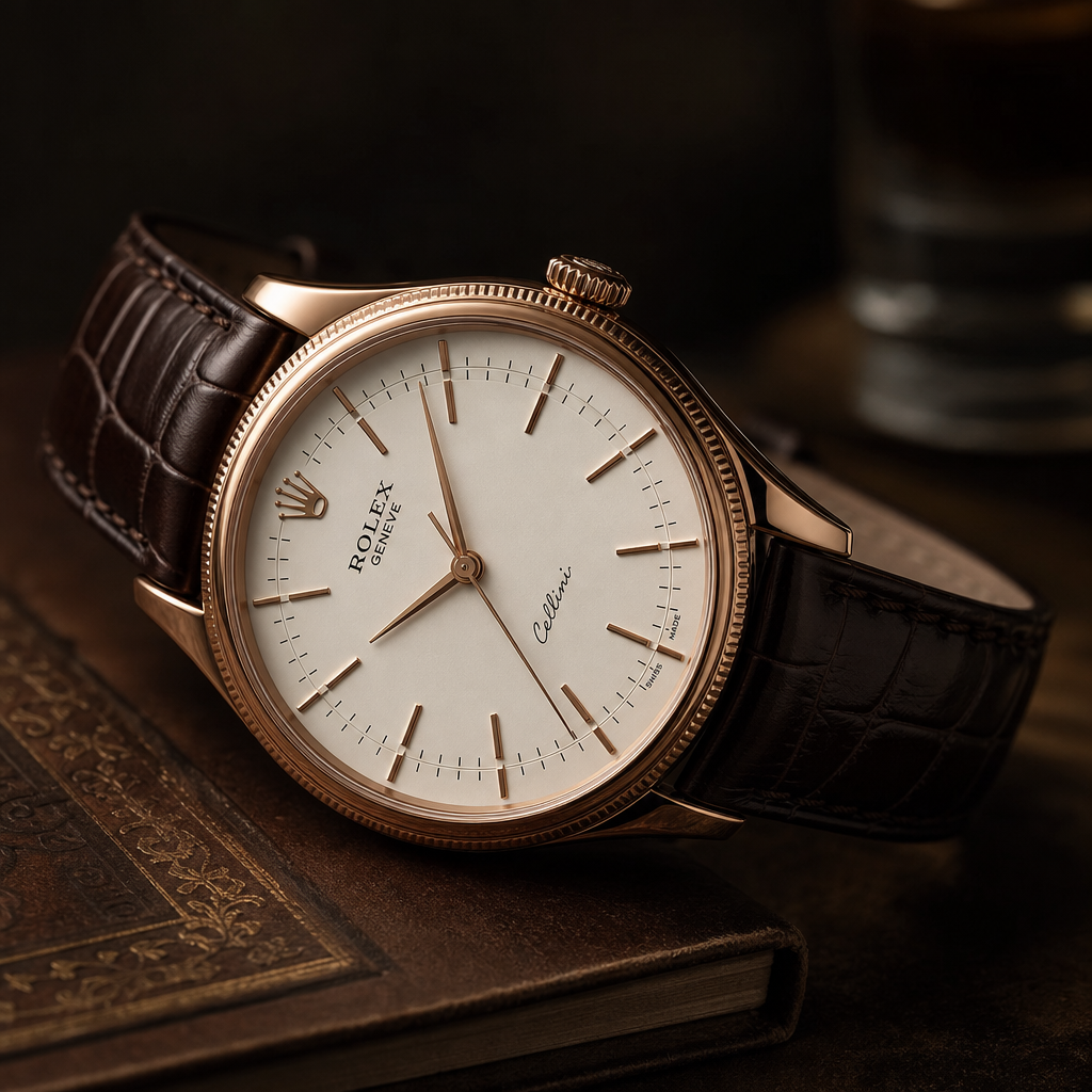 Rolex Cellini dress watch in rose gold with ivory dial and brown leather strap in editorial lighting