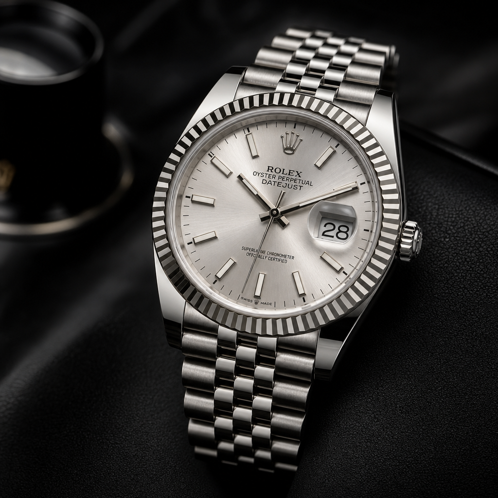 Rolex Datejust in steel with fluted bezel and jubilee bracelet shown in soft directional light