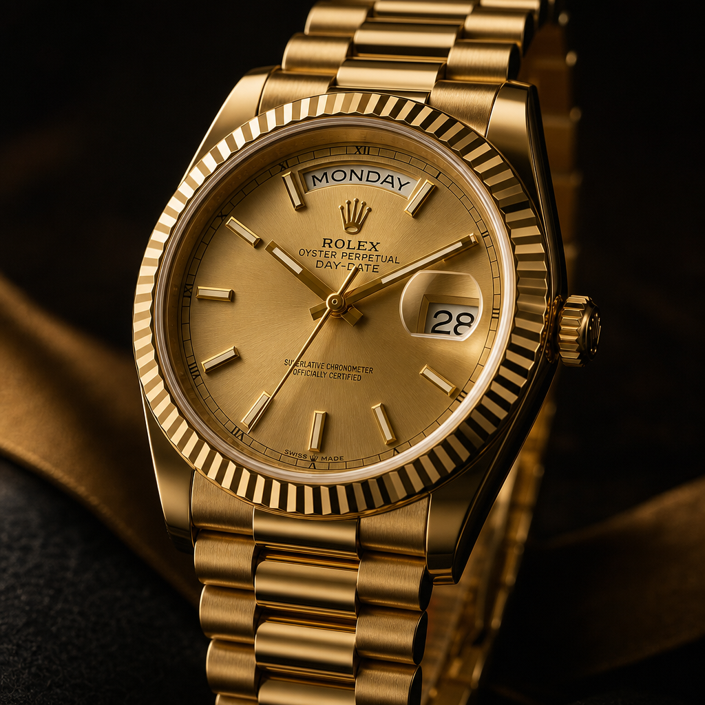 Yellow gold Rolex Day-Date with champagne dial and presidential bracelet on deep matte backdrop