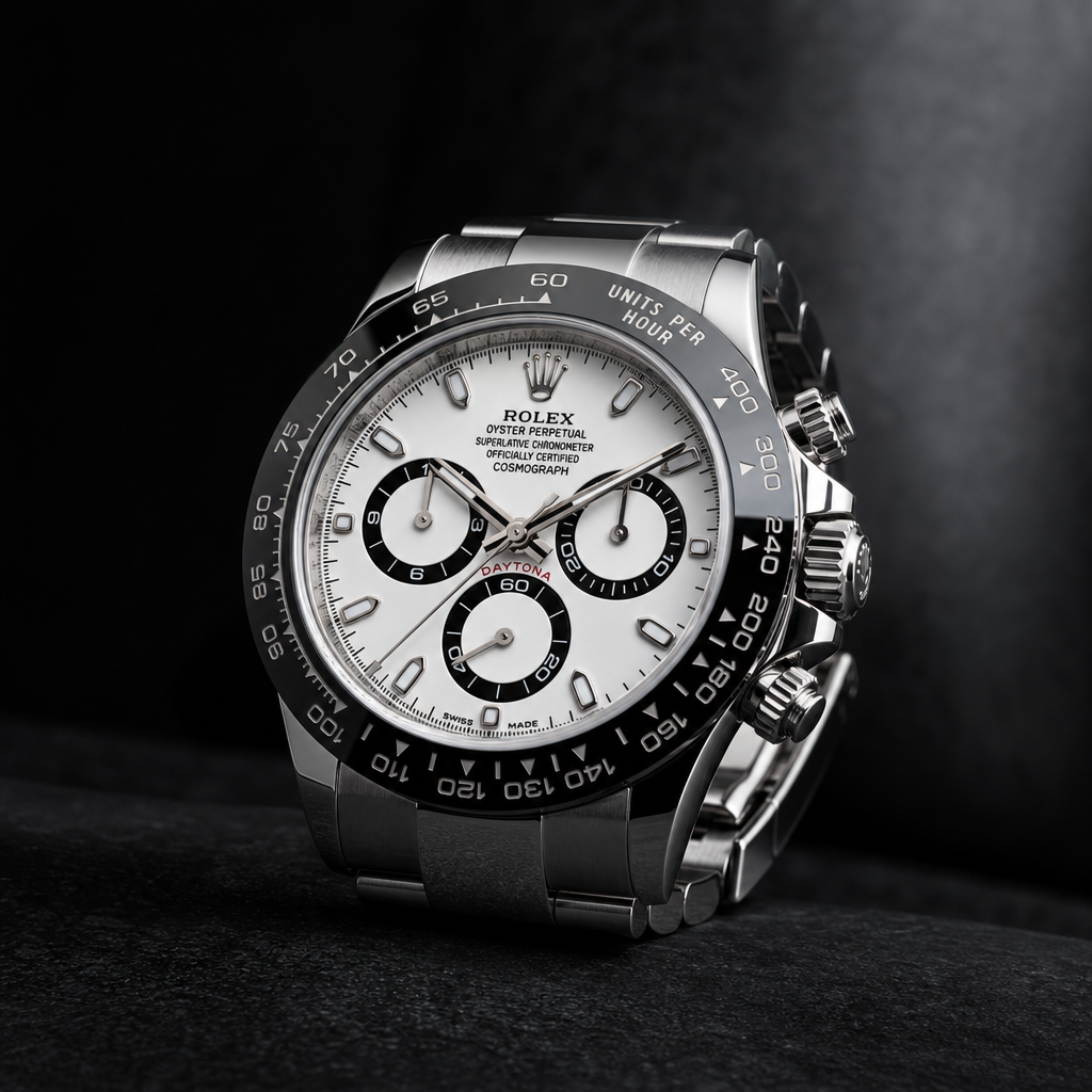Rolex Daytona chronograph with white panda dial and steel bracelet in a high-end studio setting