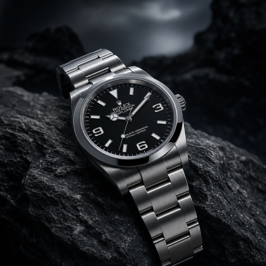 Rolex Explorer with black dial and brushed oyster bracelet displayed on rugged slate stone