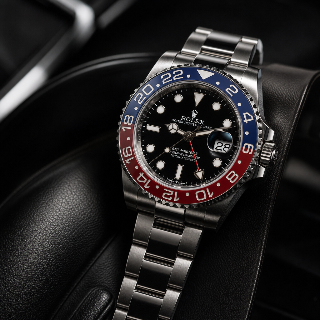 Rolex GMT-Master II with red and blue bezel and black dial styled on polished dark leather