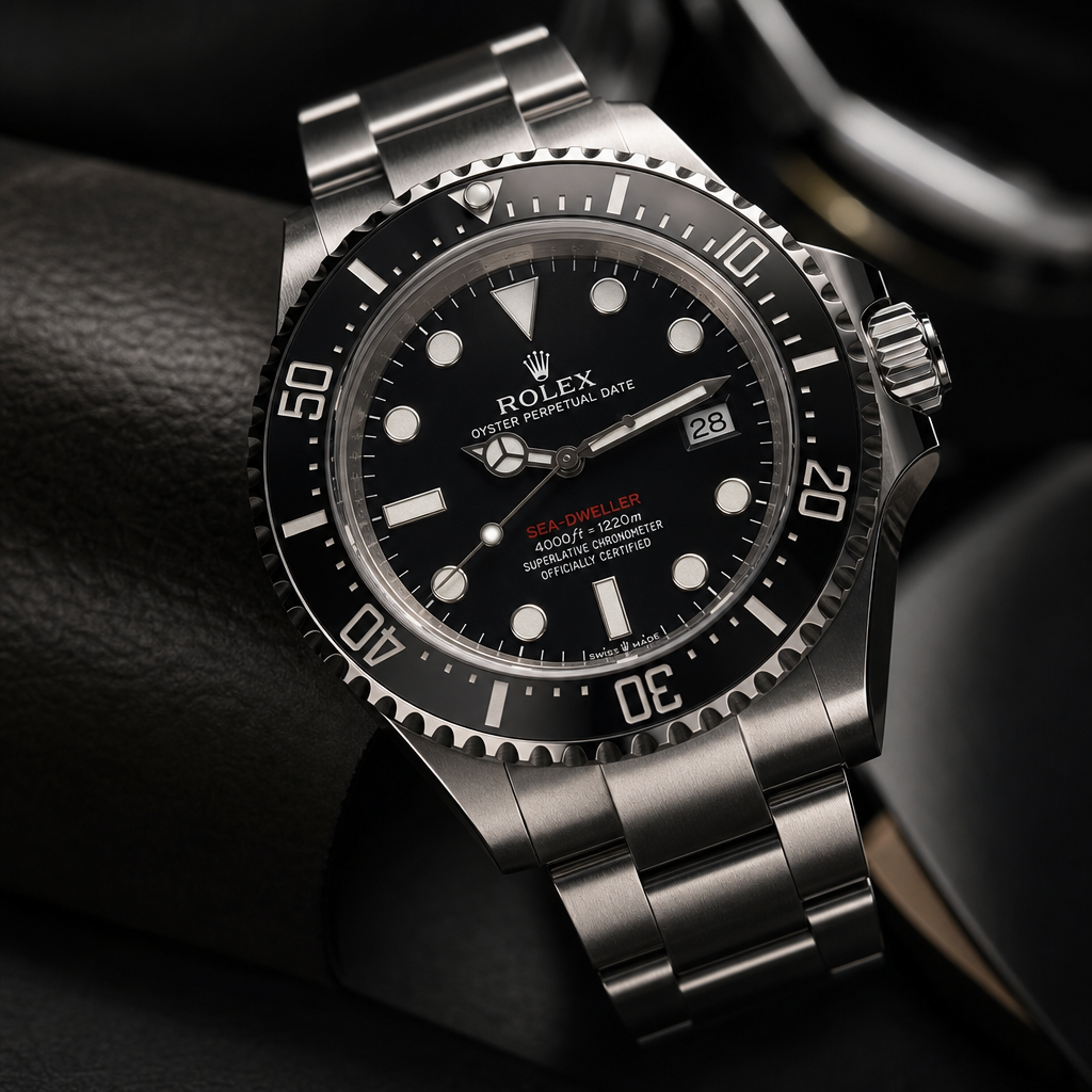 Rolex Sea-Dweller deep-diver watch with helium escape valve on a premium dark studio background