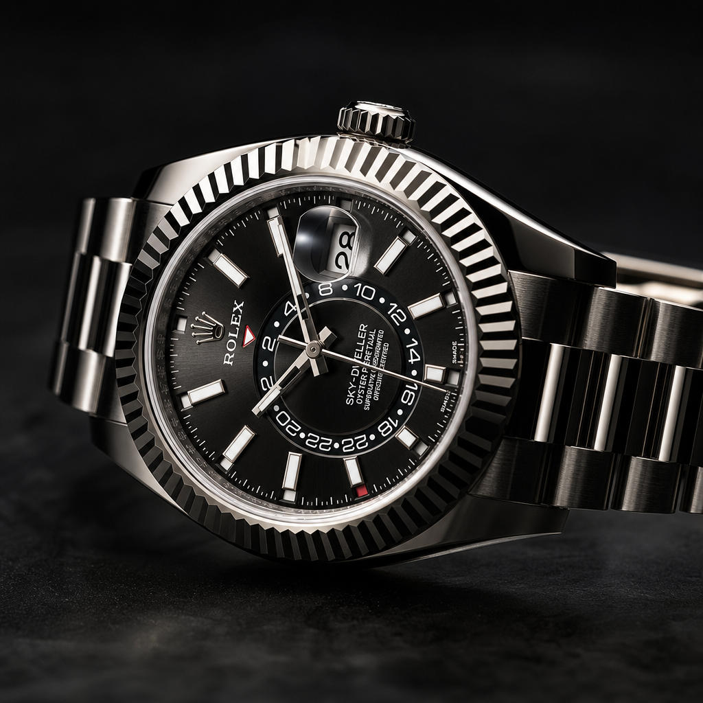 Rolex Sky-Dweller with fluted bezel and annual calendar display on a premium dark studio background