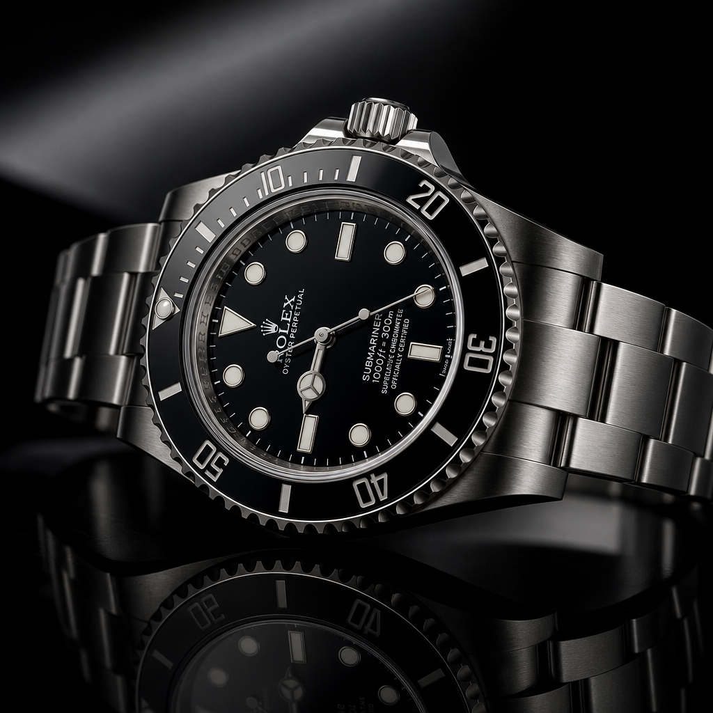 Rolex Submariner in stainless steel with black bezel and oyster bracelet on a premium dark studio background