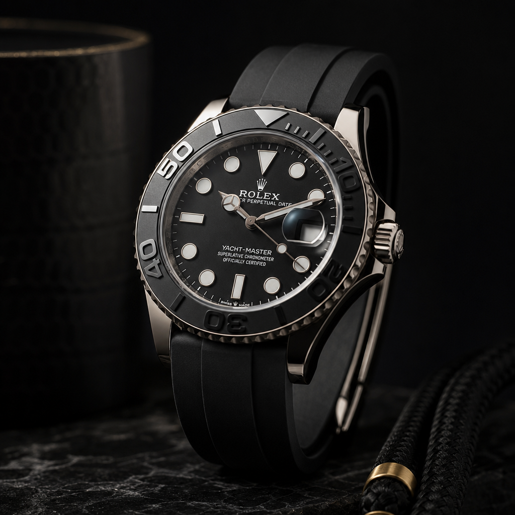 Rolex Yacht-Master with matte bezel and oysterflex strap on a premium dark studio background