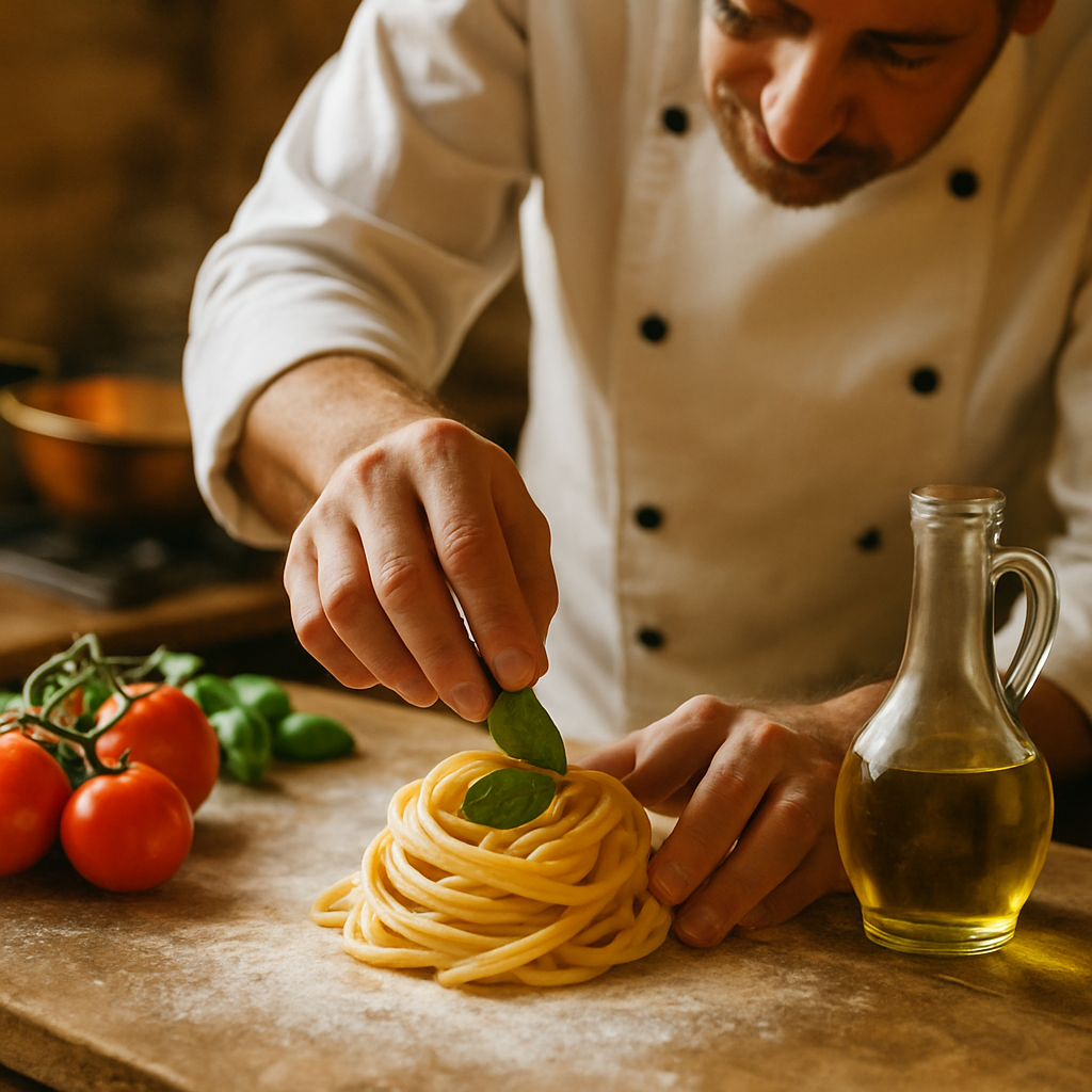 Italian chef finishing fresh pasta at a prep counter, with herbs, tomatoes, and flour-dusted workspace in the kitchen
