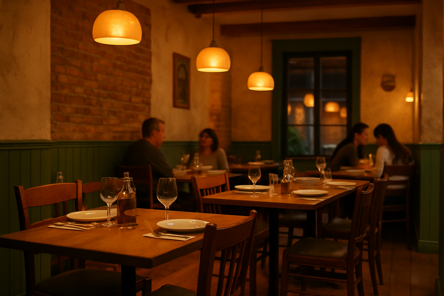 Cozy Italian restaurant interior with warm pendant lights, wooden tables set for dinner, and guests enjoying a relaxed evening meal