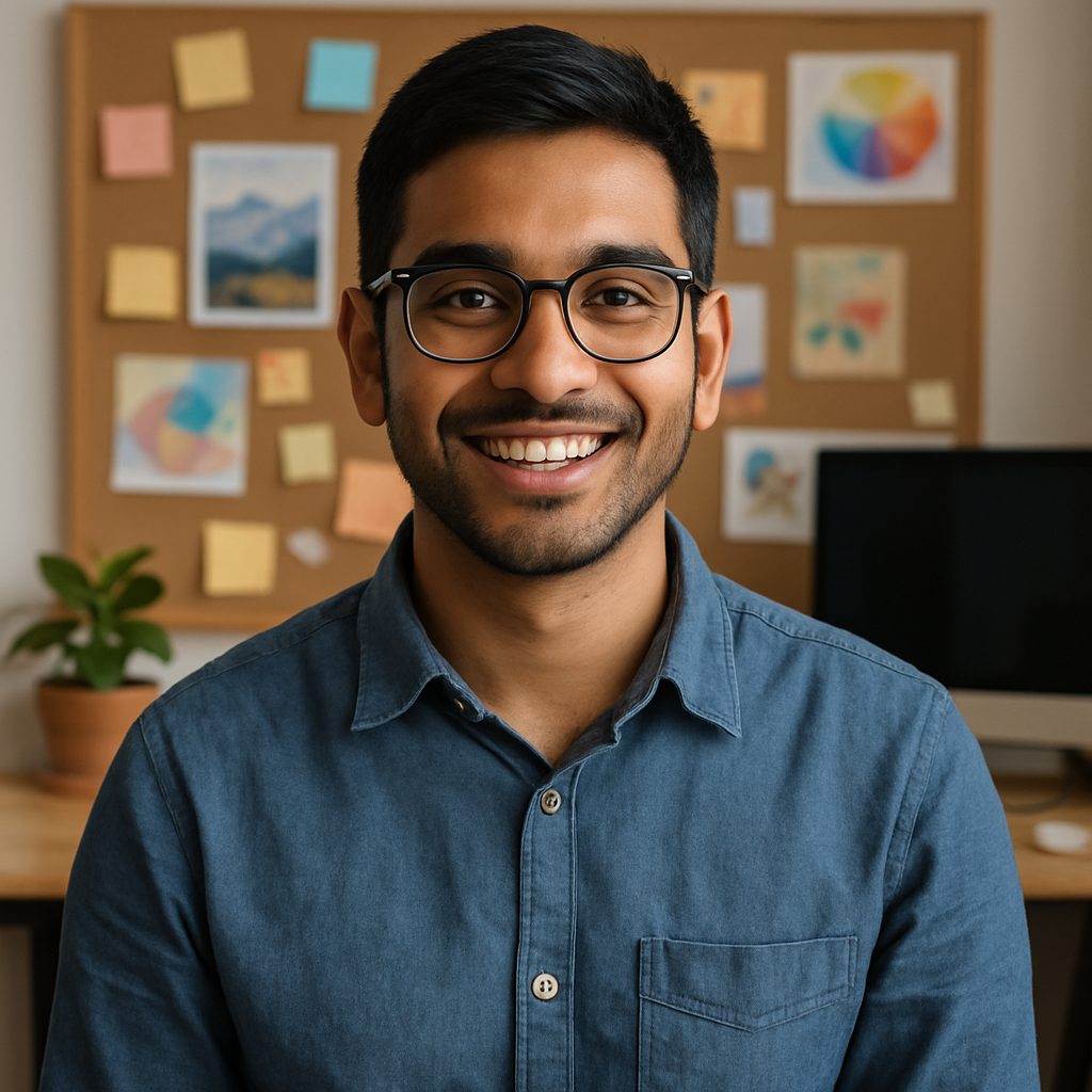 Portrait of Samir Patel, a real hobbyist: South Asian man in his late 20s, medium skin tone, short black hair, glasses, casual shirt, smiling, with a creative workspace background