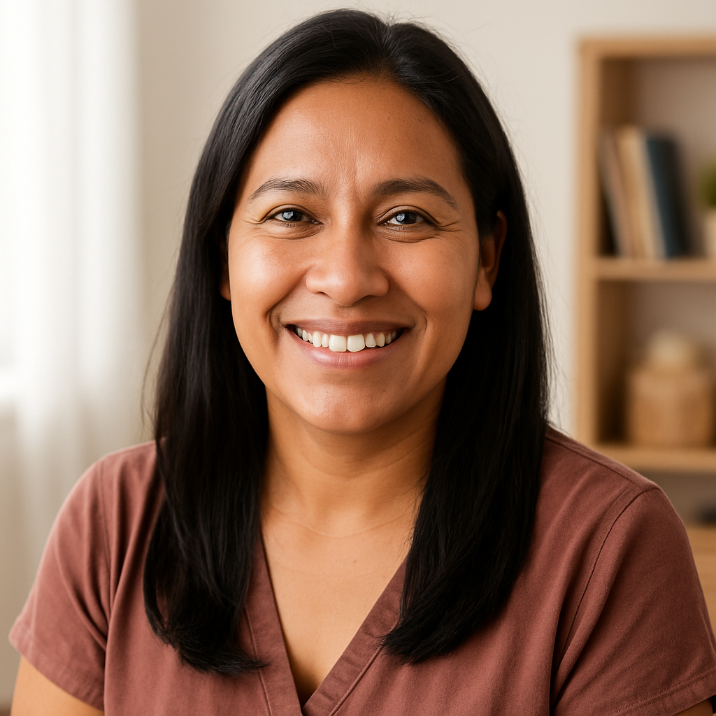 Portrait of Linda Torres, a real parent: Latina woman in her early 40s, warm smile, medium brown skin, long dark hair, casual blouse, photographed in a bright home setting