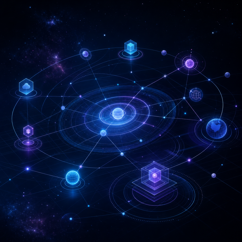 Abstract digital network scene with orbit lines, interconnected data nodes, layered grids, and soft glowing geometry in a deep-space style