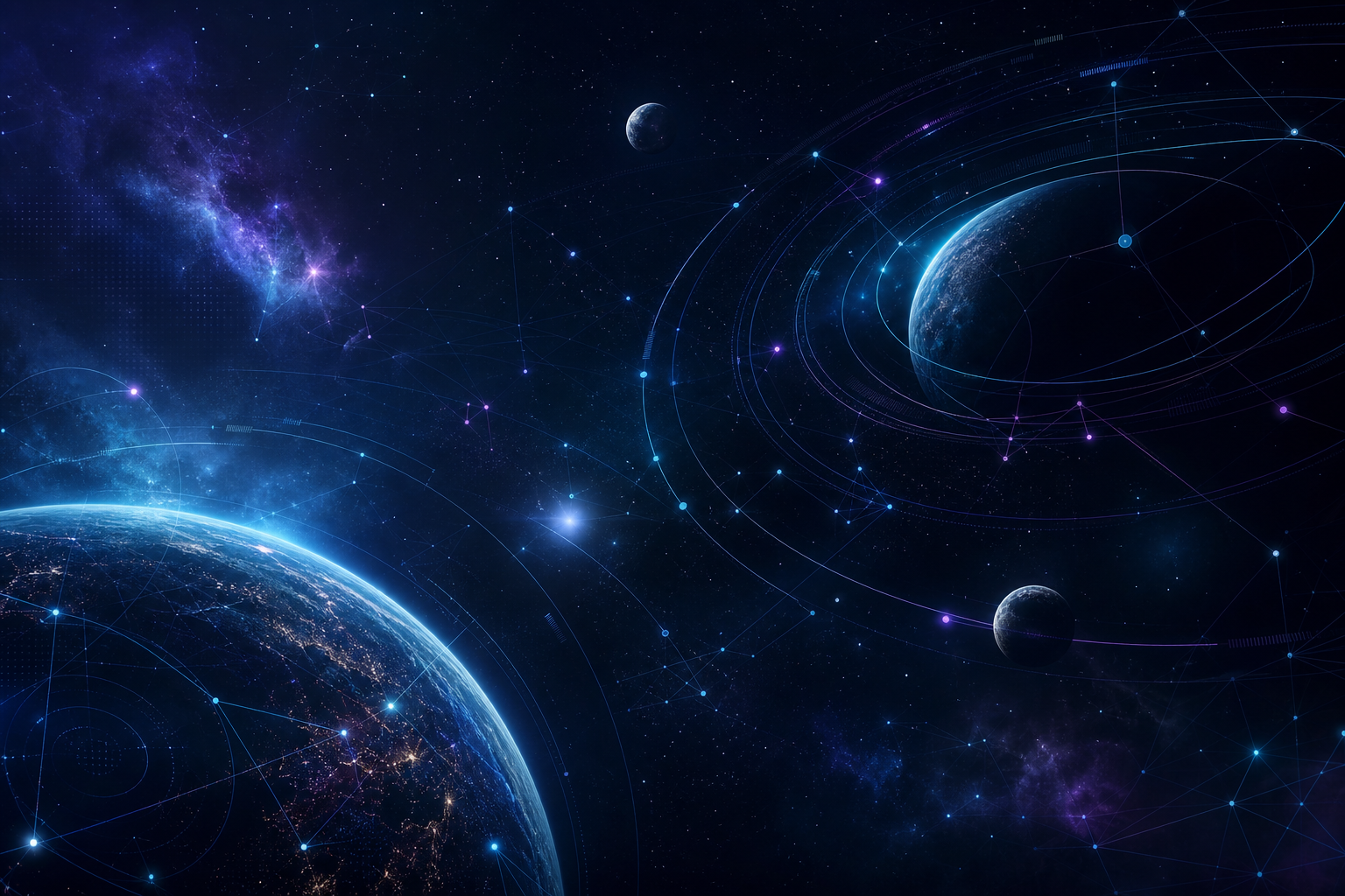 Futuristic deep-space digital scene with orbital rings, glowing data nodes, subtle planetary geometry, cyan and violet network trails, and layered interface-like constellations