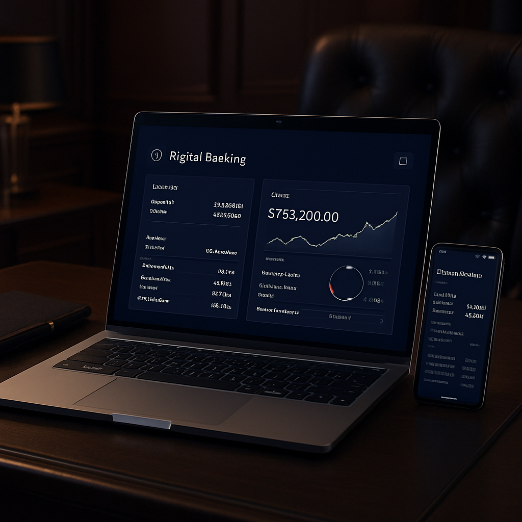 Modern banking dashboard on a laptop and tablet showing secure account analytics, transaction charts, and mobile banking verification prompts in a clean corporate workspace