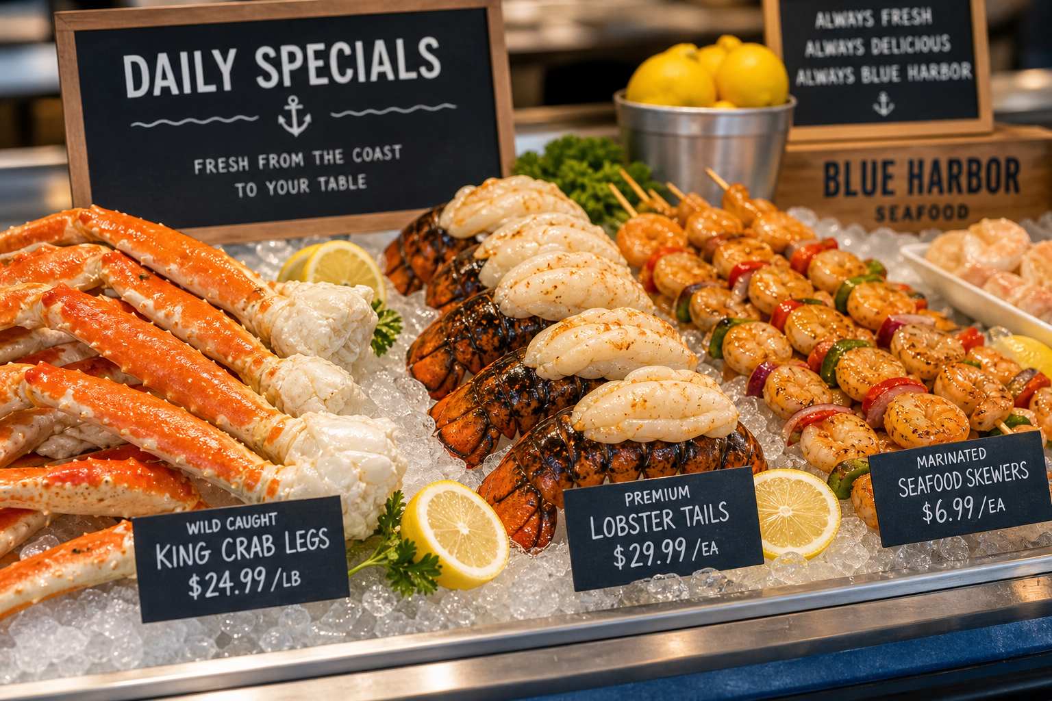 Assorted seafood market special display with crab legs, lobster tails, and marinated skewers on ice