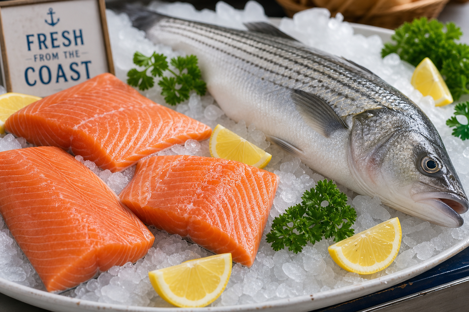 A platter of fresh Atlantic salmon fillets and whole striped bass on crushed ice with lemon wedges