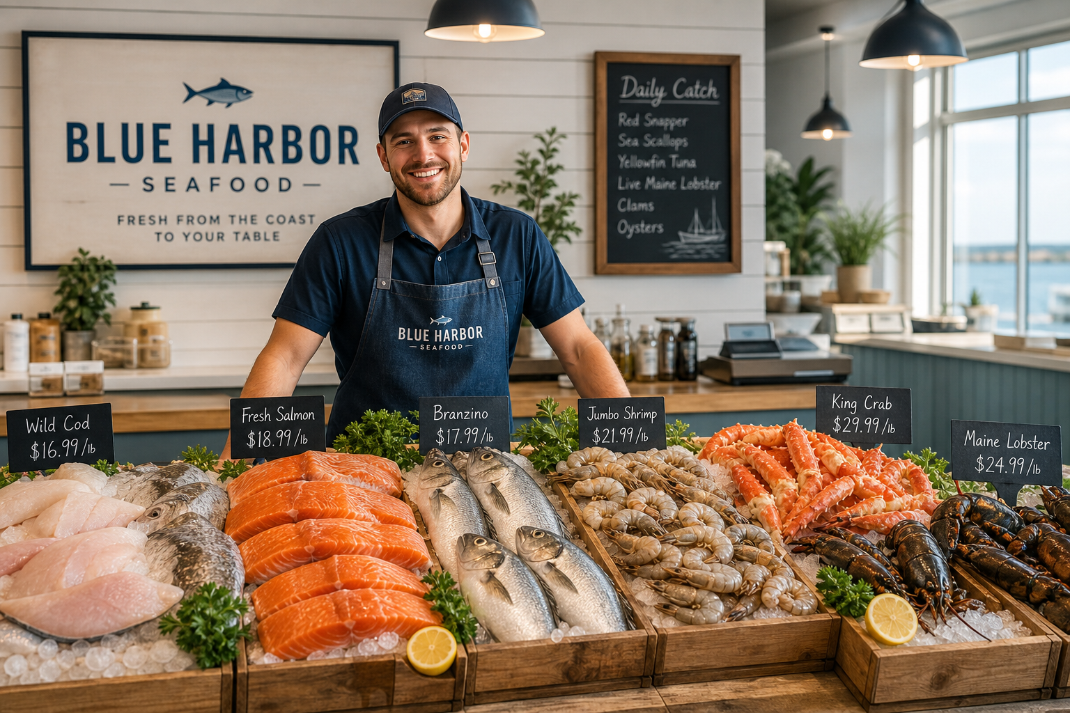 Warm, welcoming seafood market counter with fresh fish on ice, wooden display crates, and a friendly staff member in a blue apron
