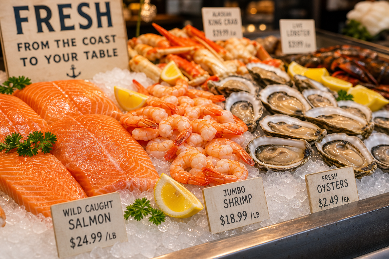 Fresh seafood market display with glistening salmon, shrimp, oysters, and lemons arranged on crushed ice at a welcoming coastal counter