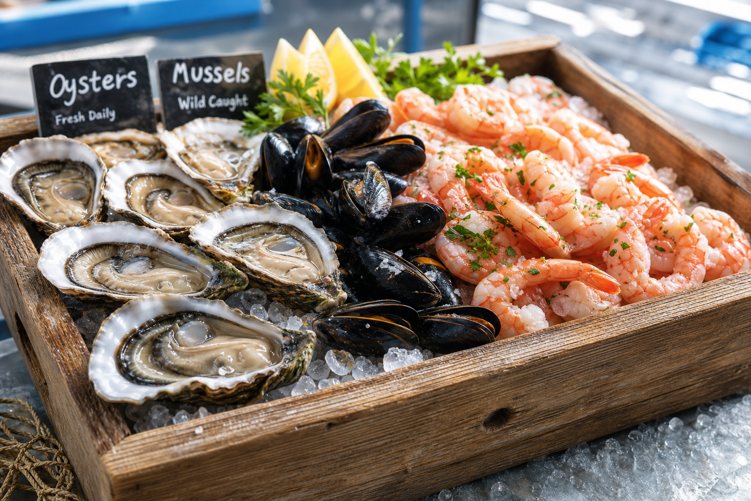 A wooden tray of oysters, mussels, and shrimp with sea salt and herbs on a market counter