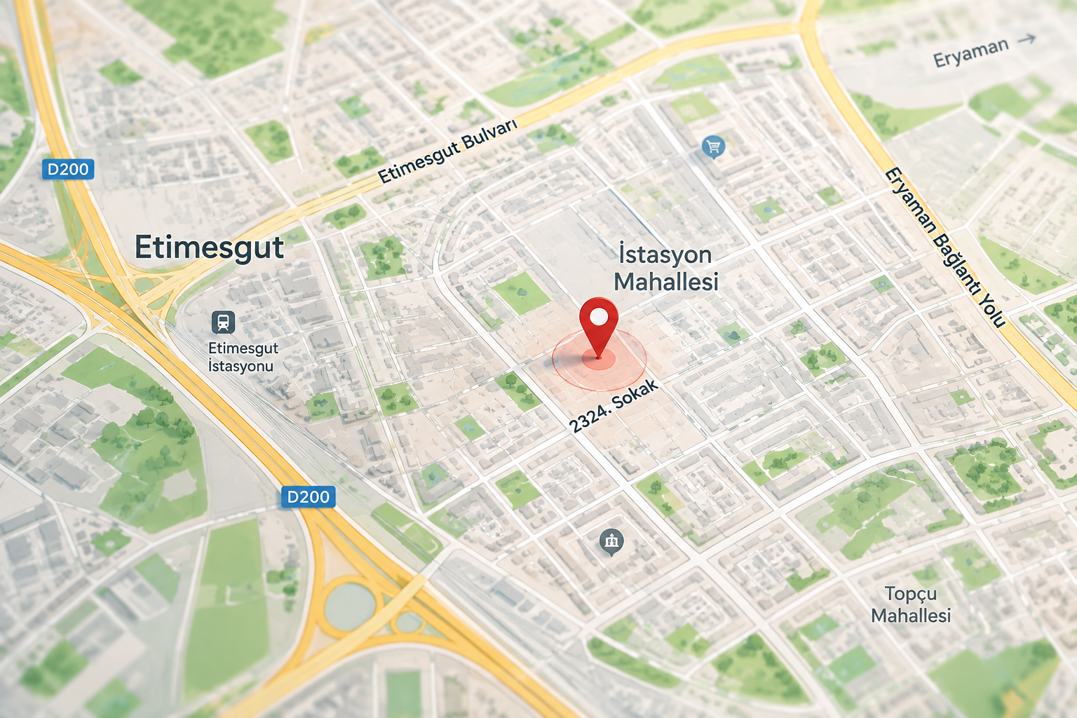 Etimesgut Ankara bölgesinde İstasyon Mahallesi 2324. Sokak No:14 D:B adresini, konum pinini ve ana ulaşım yollarını gösteren harita görünümü